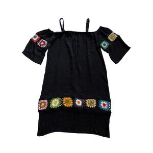 Black Crochet Multi Color Granny Square Boho Mini Dress Swim Coverup Size M